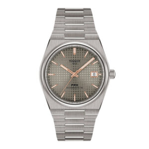 New Tissot PRX watch, 38mm in titanium & stainless steel with an anthracite dial, sapphire crystal, exhibition case back, folding clasp, and automatic movement.