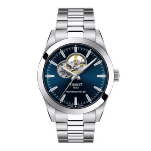 New Tissot Gentleman Open Heart watch, 40mm in stainless steel with a blue dial, sapphire crystal, exhibition case back, folding clasp, and automatic movement.