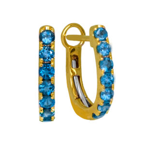 New 14k yellow gold huggie hoop earrings set with 0.56 carats of round brilliant blue topaz.