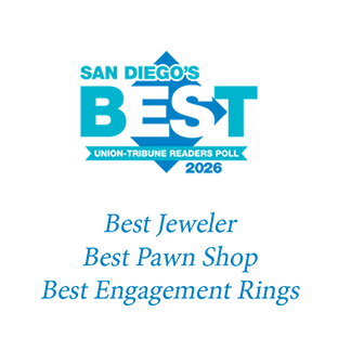 An image of the San Diego Union-Tribunes's 2026 'San Diego's Best' Winner logo. The three categories Leo's won are visible beneath the logo: Best Jeweler, Best Pawn Shop, and Best Engagement Rings