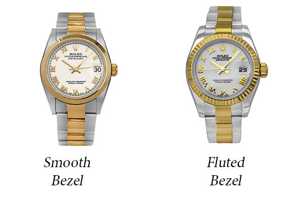 a graphic showing two rolex watches. One has a fluted bezel and the other has a smooth bezel