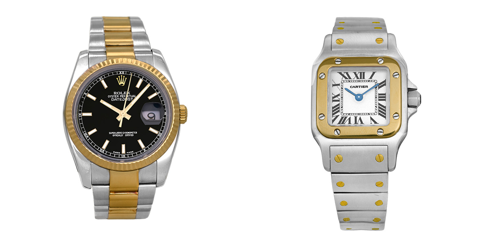 an image of two luxury watches. One two-tone Rolex Datejust with a black dial, and a Cartier Santos with a white dial.