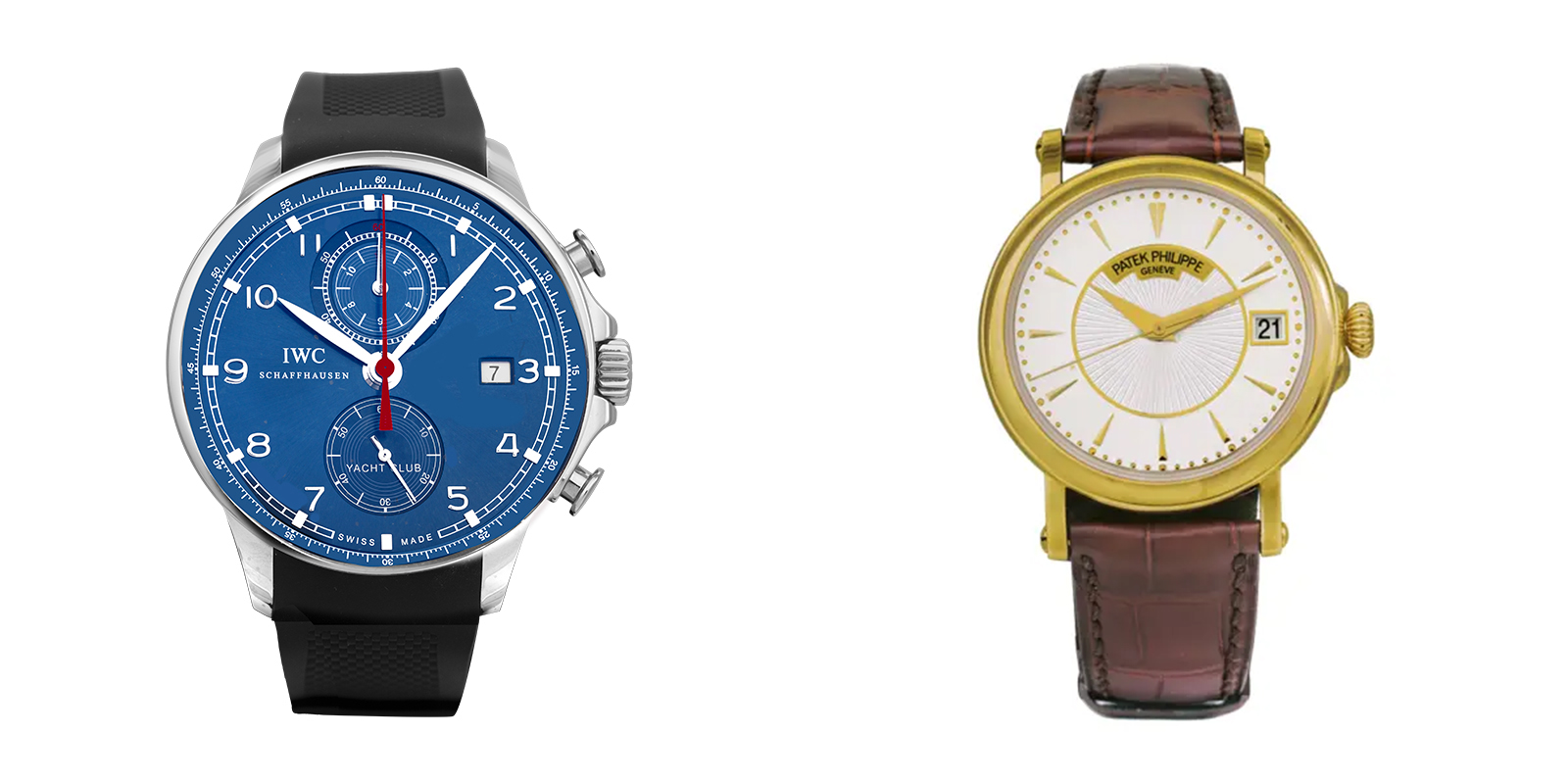 a picture of two luxury watches. An IWC watch with a blue dial and a Patek with a white dial.