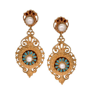 Vintage 14k yellow gold chandelier earrings set with pearls and blue enamel.
