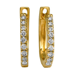 New 14k yellow gold huggie hoop earrings set with 0.20 carats of round brilliant earth-mined diamonds.