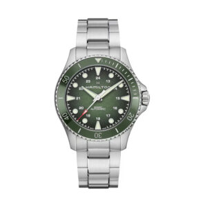 New Hamilton Khaki Navy Scuba watch, 43mm in stainless steel with a green dial, green bezel, sapphire crystal, stainless steel bracelet, folding clasp, and automatic movement.