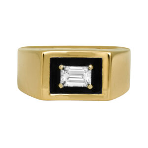 Vintage 14k yellow gold ring set with a 0.40 carat emerald cut earth-mined diamond.