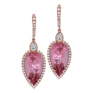 Vintage 18k rose gold dangle earrings set with 12.85 carats of pear morganites plus 1.35 carats of pear and round brilliant earth-mined diamonds.
