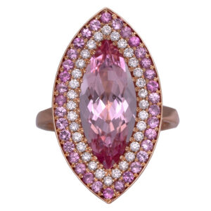 Vintage 18k rose gold halo ring set with a 3.60 carat marquise morganite plus 0.68 carats of round brilliant pink sapphires plus 0.33 carats of round brilliant earth-mined diamonds.