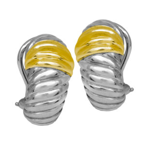 Vintage sterling silver and 14k yellow gold David Yurman Crossover Shrimp hoop earrings.