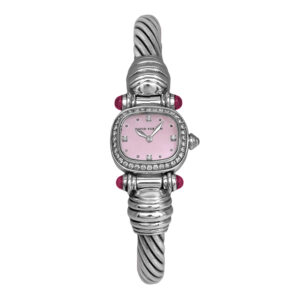 Pre-owned David Yurman Classic Cable watch in sterling silver with a mother-of-pearl dial, pink tourmaline and diamond accents, sapphire crystal, and quartz movement.
