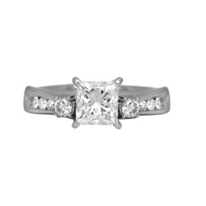 Vintage 14k white gold engagement ring set with a 1.21 carat princess earth-mined diamond plus 0.22 carats of round brilliant earth-mined diamonds.
