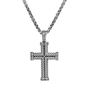 Vintage sterling silver David Yurman Chevron Cross pendant on a 16" box chain.