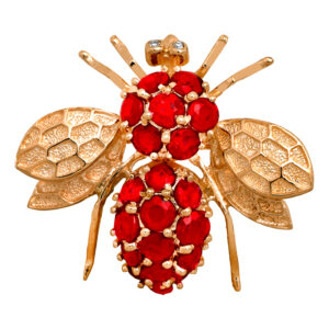 Vintage 14k yellow gold bee brooch set with 1.50 carats of round brilliant rubies plus 0.03 carats of round brilliant earth-mined diamonds.