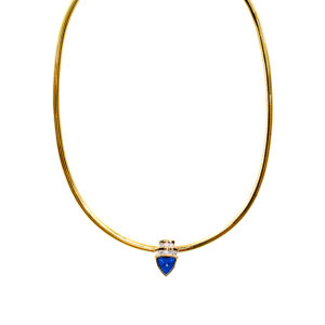 Vintage 14k yellow gold pendant set with a 3.02 carat shield tanzanite plus 0.80 carats of round brilliant earth-mined diamonds. Shown on an 18″ 14k yellow gold omega necklace for $8,300; other lengths & styles available.