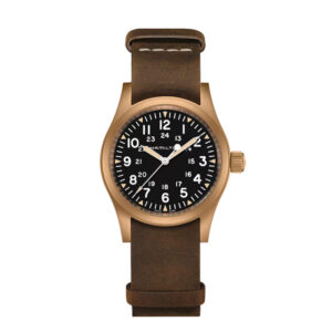 New Hamilton Khaki Field watch, 38mm in bronze and titanium with a black Arabic dial, smooth bezel, sapphire crystal, brown leather strap, tang buckle, and mechanical movement.