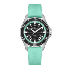 New Hamilton Khaki Navy Scuba watch, 40mm in stainless steel with a black dial, black bezel, sapphire crystal, turquoise rubber strap, tang buckle, and automatic movement.