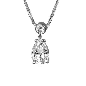 Vintage 18k white gold pendant set with a 2.21 carat pear earth-mined diamond plus 0.50 carats of round brilliant earth-mined diamonds on a 16.5" chain.