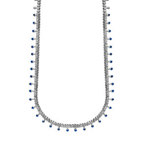 Vintage 18k white gold necklace set with 1.68 carats of round brilliant earth-mined diamonds plus 1.00 carat of round brilliant blue sapphires.