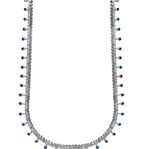 Vintage 18k white gold necklace set with 1.68 carats of round brilliant earth-mined diamonds plus 1.00 carat of round brilliant blue sapphires.