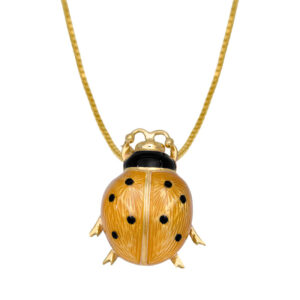 Vintage 18k yellow gold & enamel Zadora ladybug pendant. Shown on a 25″ 14k yellow gold box chain with a spring ring clasp for $995; other lengths & styles available.