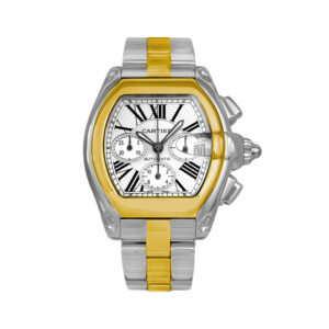 Pre-owned Cartier Roadster Chronograph XL watch, 43mm in 18k yellow gold and stainless steel with a silver Roman dial, sapphire crystal, folding clasp, and automatic movement.