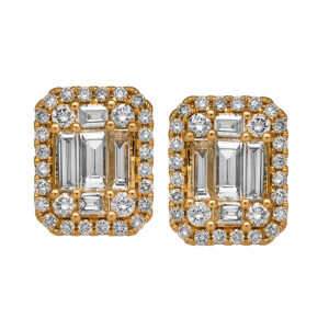 Vintage 18k yellow gold halo earrings set with 0.84 carats of round brilliant and baguette earth-mined diamonds.