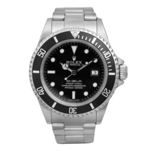 Pre-owned Rolex Sea-Dweller watch, 40mm in stainless steel with a black dial & bezel, sapphire crystal, Oyster bracelet, fliplock clasp, and automatic movement.