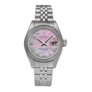 Pre-owned Rolex Datejust watch, 26mm in stainless steel with a mother-of-pearl dial, 18k white gold fluted bezel, Jubilee bracelet, sapphire crystal, folding clasp, and automatic movement.