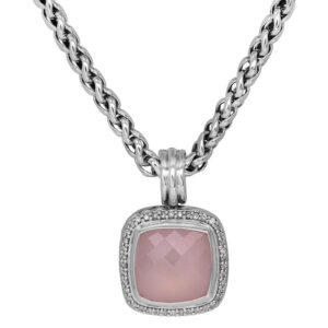 Vintage sterling silver David Yurman Albion pendant set with a checkerboard rose quartz plus 0.30 carats of round brilliant earth-mined diamonds on an 18" wheat chain.