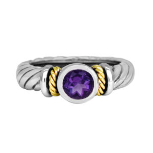 Vintage sterling silver and 14k yellow gold Kabana braided solitaire ring set with a round brilliant amethyst.