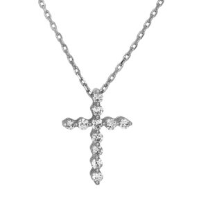 New 14k white gold cross pendant set with 0.25 carats of round brilliant earth-mined diamonds on a 19" cable chain.