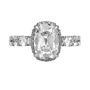 New 14k white gold halo engagement ring set with a 3.03 carat antique cushion cut lab-grown diamond plus 2.30 carats of round brilliant lab-grown diamonds.