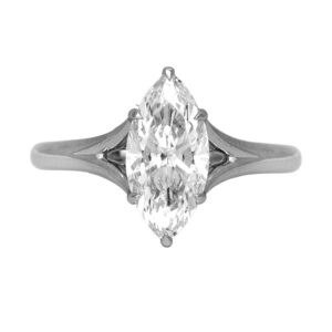 New 14k white gold solitaire engagement ring set with a 1.51 carat lab-grown marquise diamond.