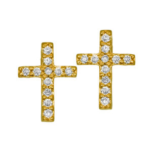 Vintage 14k yellow gold Lana cross earrings set with 0.12 carats of round brilliant earth-mined diamonds.