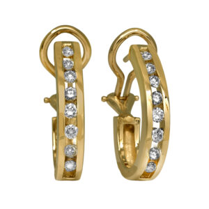 Vintage 14k yellow gold hoop earrings set with 0.75 carats of round brilliant earth-mined diamonds.
