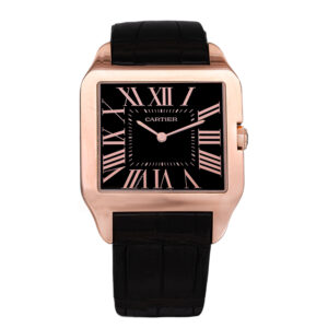 Pre-owned Cartier Santos-Dumont watch, 34.6mm in 18k rose gold with a black dial, black leather strap, foldover buckle, sapphire crystal, and manual wind movement.