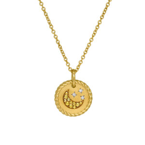 Vintage 18k yellow gold David Yurman Cable Collectibles Moon & Stars circle necklace set with round brilliant yellow sapphires plus 0.01 carats of round brilliant earth-mined diamonds on an 18" chain.