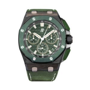 Pre-owned Audemars Piguet Royal Oak Offshore Chronograph watch, 43mm in green and black ceramic with a green dial, sapphire crystal, dark green leather rubber strap, and automatic movement.