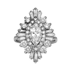 Vintage 14k white gold double halo ring set with a 0.82 carat marquise diamond plus 1.45 carats of round brilliant and baguette earth-mined diamonds.