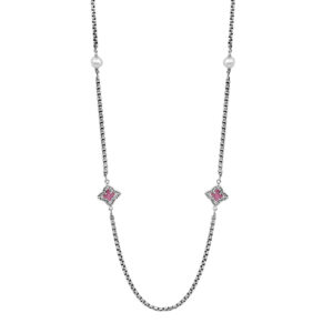 Vintage sterling silver David Yurman Quatrefoil station necklace set with carved pink tourmalines and pearls plus 1.00 carat of round brilliant earth-mined diamonds on a 32" chain.
