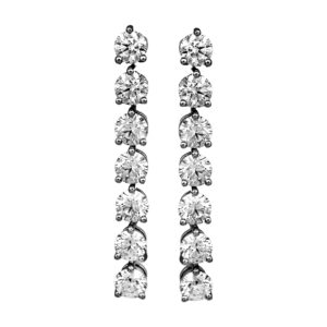 New 18k white gold Hearts On Fire Cascade Stiletto earrings set with 2.50 carats of round brilliant earth-mined diamonds.