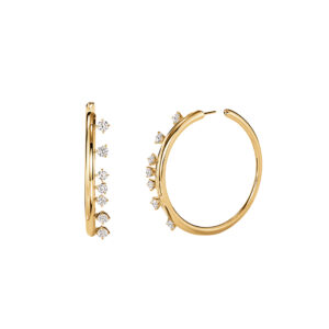 New 18k yellow gold Hearts On Fire Barre hoop earrings set with 1.58 carats of round brilliant earth-mined diamonds.