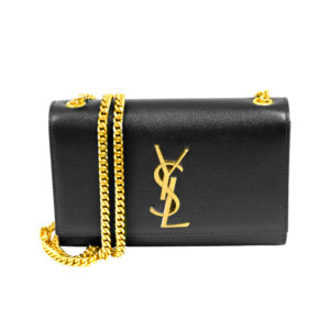 Vintage black leather YSL Kate small monogram handbag with gold tone chain shoulder strap and dust cover.