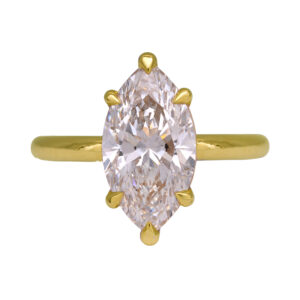 New 14k yellow gold solitaire engagement ring set with a 4.06 carat marquis lab-grown diamond.