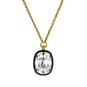 New 14k yellow gold solitaire pendant set with a 3.04 carat cushion cut lab-grown diamond with black rhodium on an 18" cable chain.