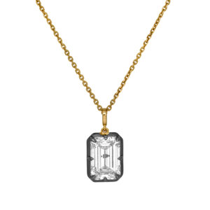 New 14k yellow gold solitaire pendant with black rhodium set with a 4.01 carat emerald cut lab-grown diamond on an 18" cable chain.