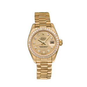 Pre-owned Rolex Datejust Crown Collection watch, 26mm in 18k yellow gold with a champagne diamond dial, diamond bezel, President bracelet, folding clasp, and automatic movement.
