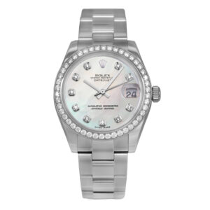 Pre-owned Rolex Datejust watch, 31mm in stainless steel with a mother-of-pearl diamond dial, diamond bezel, Oyster bracelet, sapphire crystal, folding clasp, and automatic movement, with card.