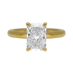 New 14k yellow gold under-halo engagement ring set with a 2.14 carat lab-grown radiant diamond plus 0.07 carats of lab-grown round brilliant diamonds.